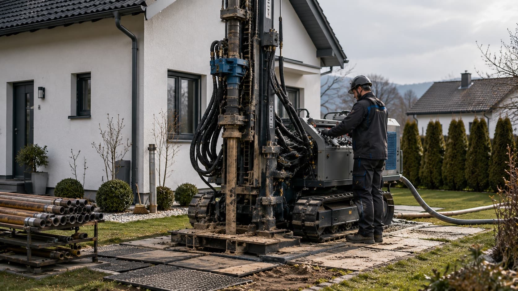 Bohrgerät setzt im Vorgarten eines Einfamilienhauses eine Erdsonde für eine Sole-Wasser-Wärmepumpe.