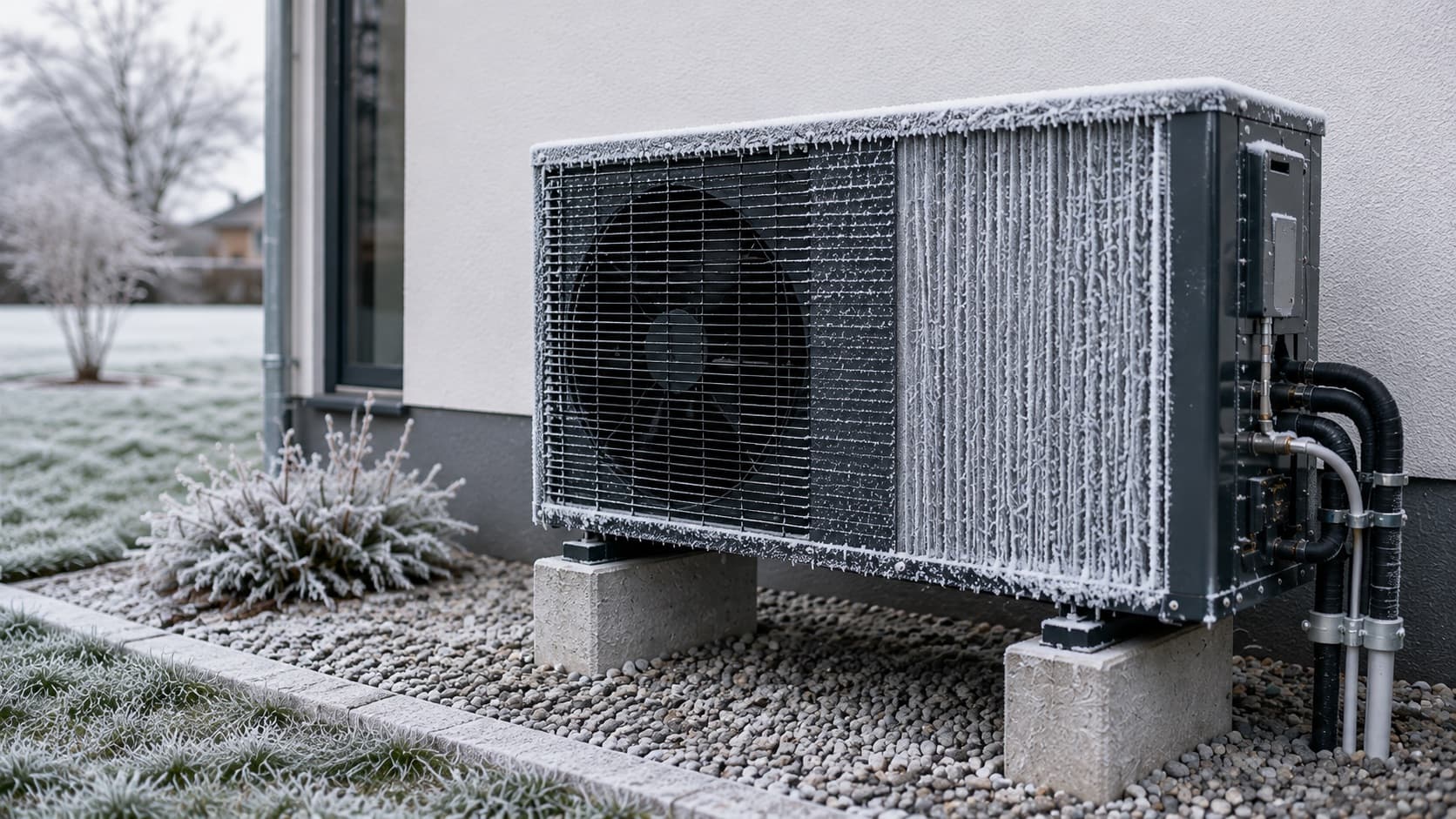 Außeneinheit einer Luft-Wasser-Wärmepumpe mit Raureif auf den Lamellen, davor ein frostfreies Kiesbett zur Kondensatableitung.